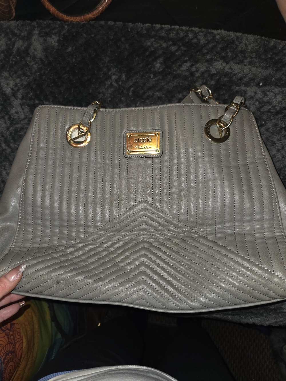 Nicole Miller Quilted Shoulder Tote in Taupe with Gold Hardware